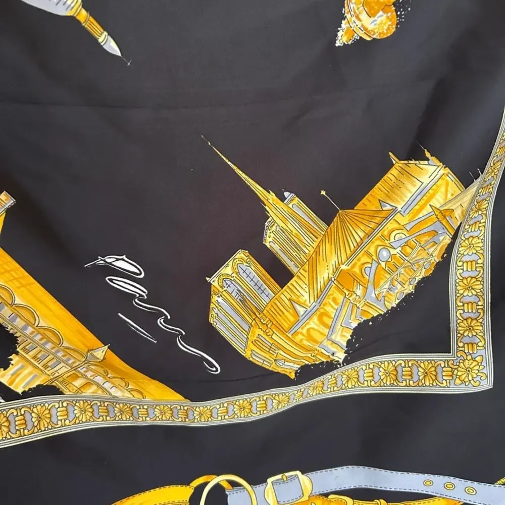 Vintage Nicole De Beauvoir Paris Silk Scarf Black Gold